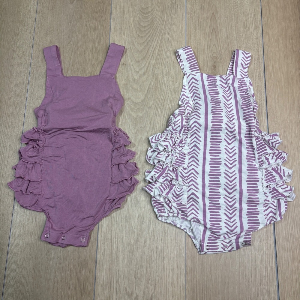 LOT OF 2 Kate Quinn 2T Bamboo Ruffle Bubble‎ Romper Set Mauve Purple Geometric